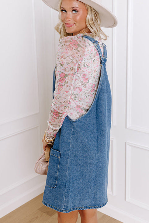 Wide Strap Button Front Pocketed Denim Mini Dress